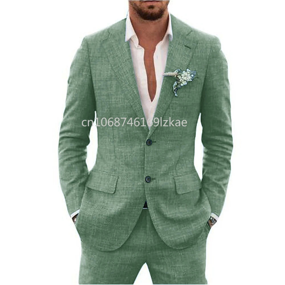2024  Linen Suiting Fabric Full Men's Suit Lapel Collar Single-breasted 2 Piece Set Elegant Man Suits High Quality Blazer