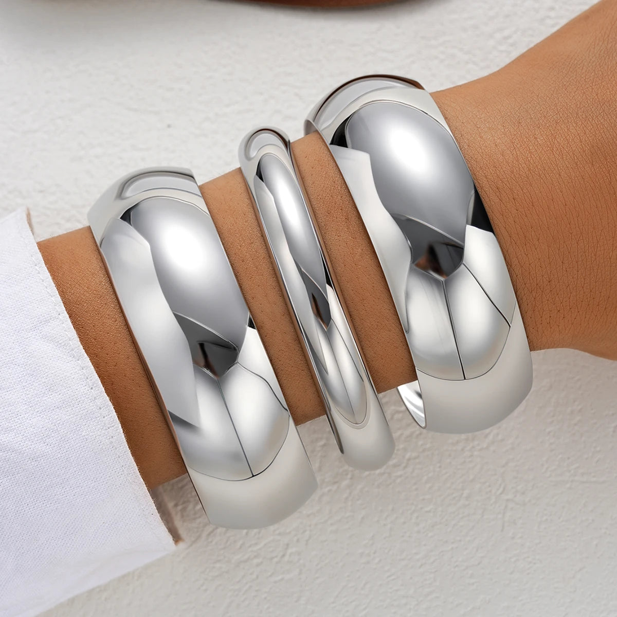 3Pcs/Set Classic Geometric Wide Bangles for Women Geometric Smooth Gold Silver Color Chunky Bracelets Party Jewelry Accessories