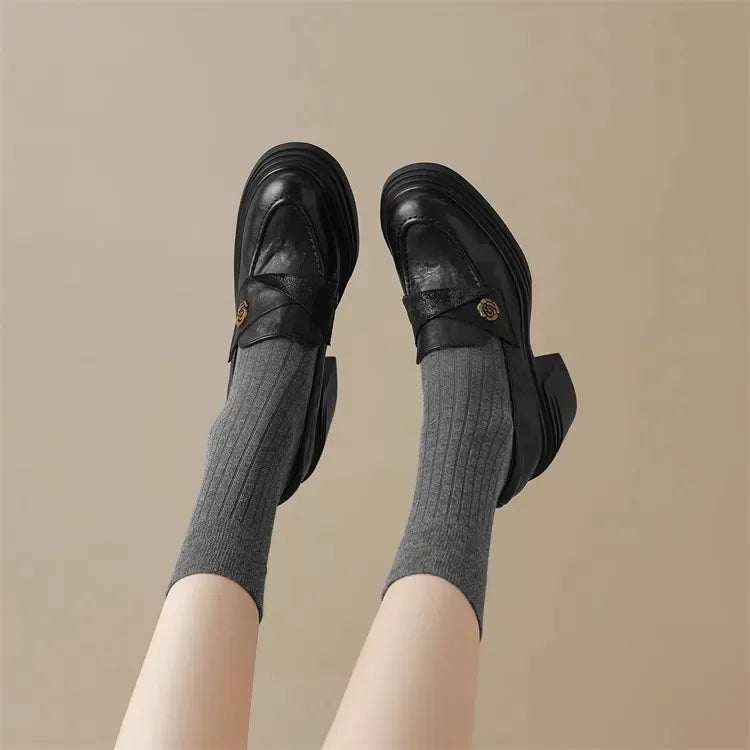 Women High Heel Shoes 2025 Retro Spring Autumn Performance Causal Women's Loafers Fashion Versatile Pumps Ladies Leather Shoes