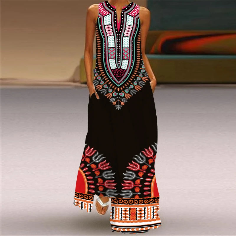 Elegant Dresses for Woman 3D Printed Dresses Summer Sleeveless V-Neck Long Dress Ladies Casual Elegant Beach Party Maxi Dresses