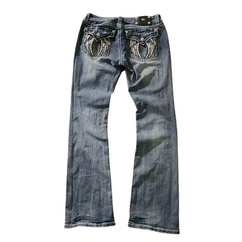 90s Vintage Jeans Female Y2K New Blue Jeans Embroidered Wing Pocket Hip Hop Harajuku Gothic Wide Pants Streetwear Woman Trousers