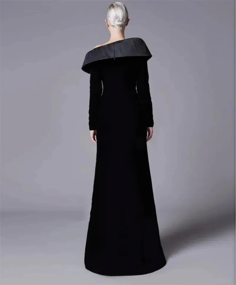 Elegant Black Velour Evening Dresses Full Sleeves Mermaid Side Slit Floor Length Porm Party Gowns For Women فساتين سهره سعوديه