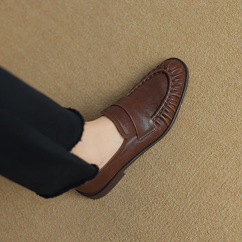 Women Shoes Spring Simple Shoes Soft Flats Slip On Girl Pleated Footwear Handmade Round Toe Genuine Leather Cozy Vintage Shoes