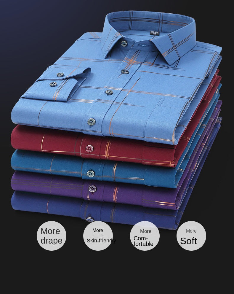 Men's Dress Shirts Spring Autumn Latest Hot Sale Non-iron Anti-wrinkle Business Casual Print Thin Plaid Slim Fit chemise homme