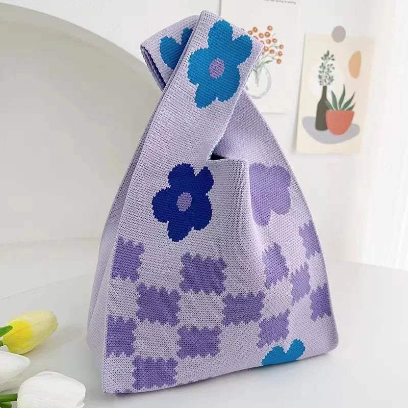 Women'S Knot Wrist Tote Bags Handmade Knitted Bag Portable Mini Striped Bucket Phone Bags Large Capacity Spring Summer Handbags