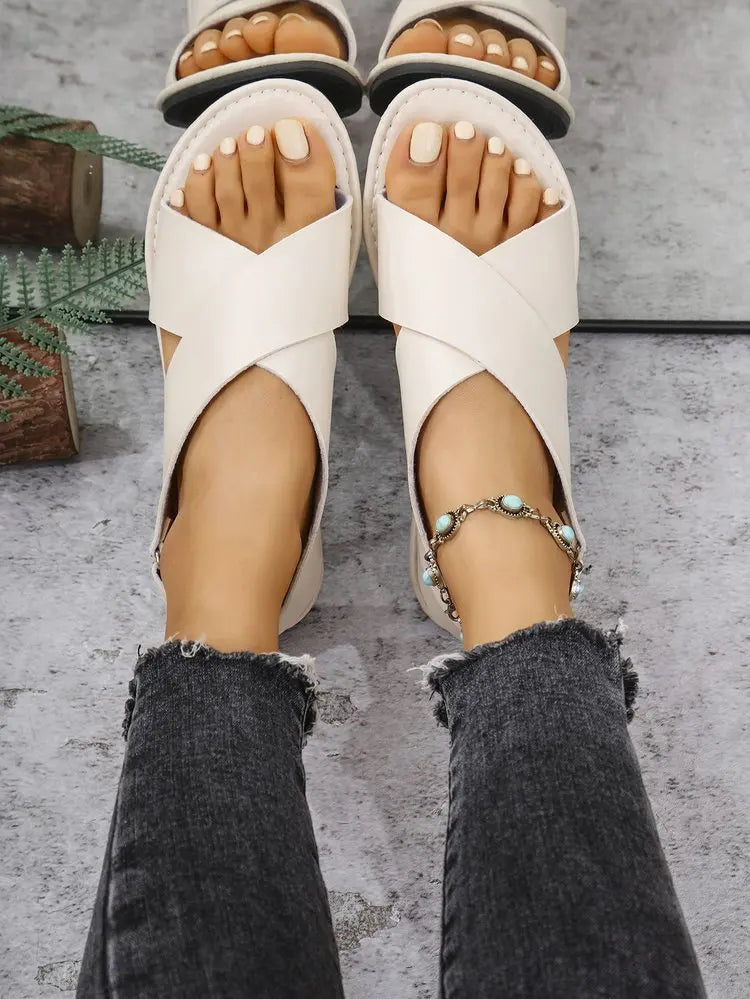 Women's Flat Sandals Lightweight Pu Leather Casual Sandals Summer Peep Toe Beach Sandals for Women Roman Sandal Sandalias Mujer