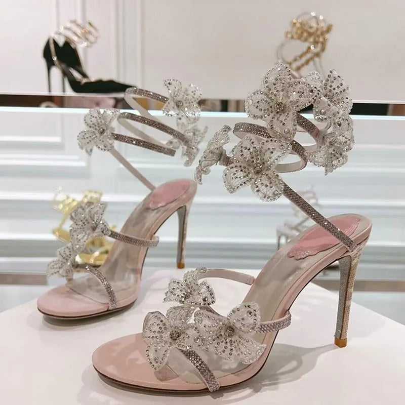 Sandalias Women Rhinestone Flower Decor Dress Shoes Snake Shaped Elastic Strap Thin High Heels Sandals Summer Bridesmaid Shoes