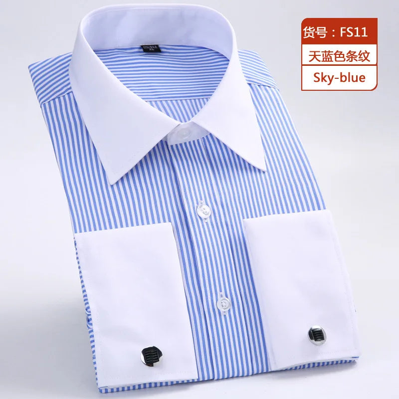 Men's Blue Long-sleeved Dress Shirts, Single-breasted Lapel Vertical Striped Shirt Men, White,Purple,Black,Pink,Yellow Optional