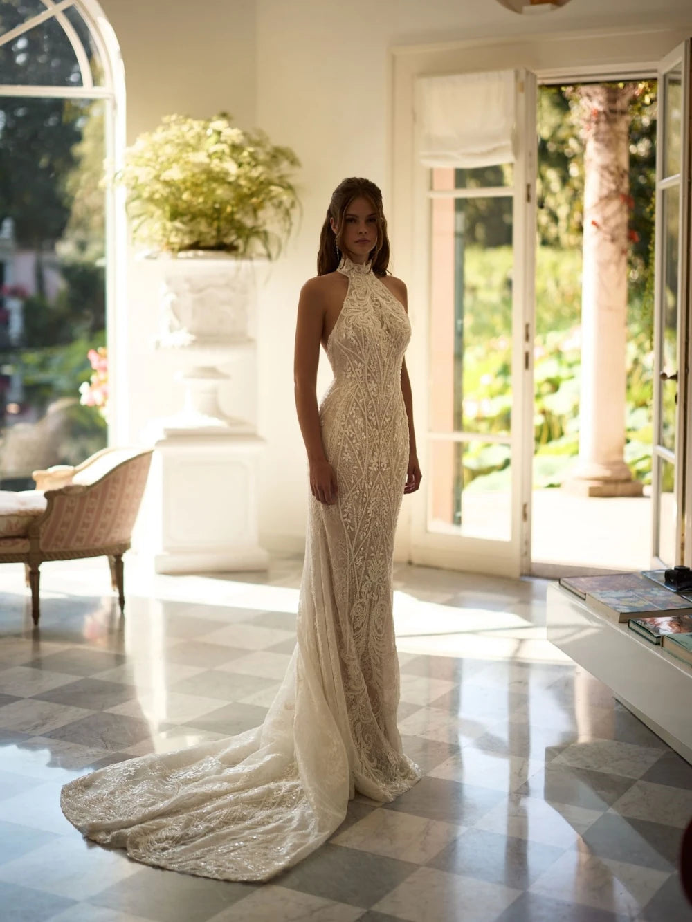 Dreamy Embroidery Beaded Lace Wedding Dress Lace Mermaid Long Bridal Gown Customized Sexy Halter Sleeveless Dresses For Bride