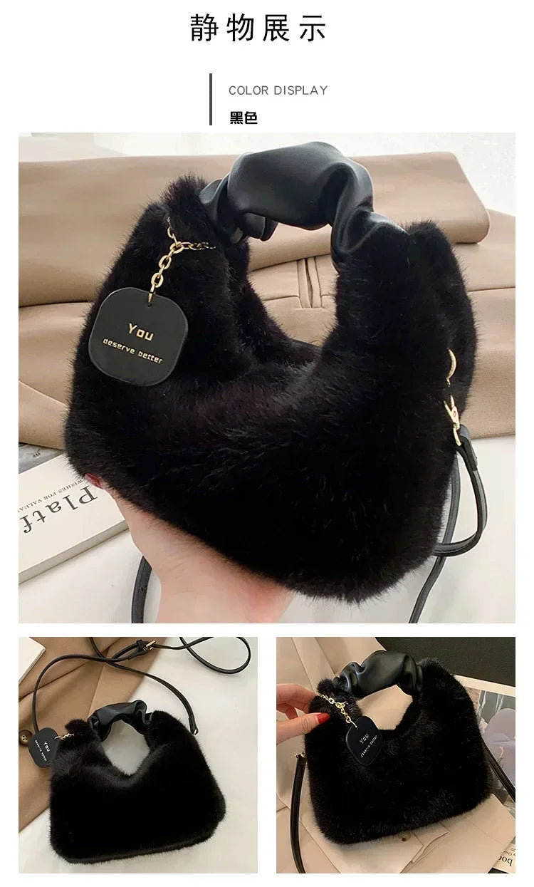 Women Faux Fur Plush Handbags Ruched Handle Small Lady Shoulder Crossbody Bag Casual Tote Half-Moon Hobos Winter Bags for Women