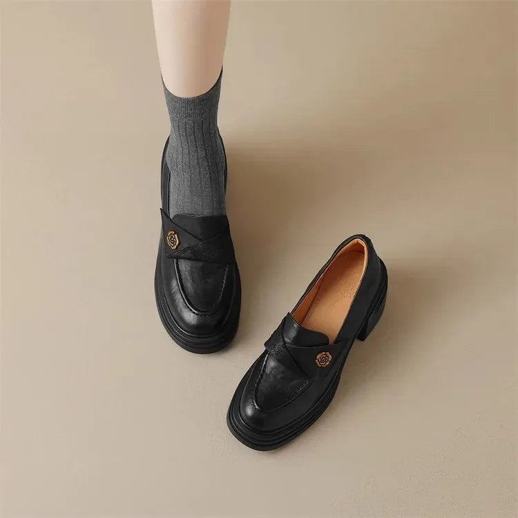 Women High Heel Shoes 2025 Retro Spring Autumn Performance Causal Women's Loafers Fashion Versatile Pumps Ladies Leather Shoes