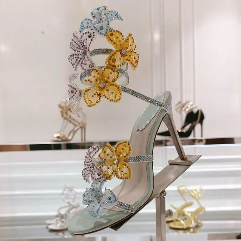 Sandalias Women Rhinestone Flower Decor Dress Shoes Snake Shaped Elastic Strap Thin High Heels Sandals Summer Bridesmaid Shoes