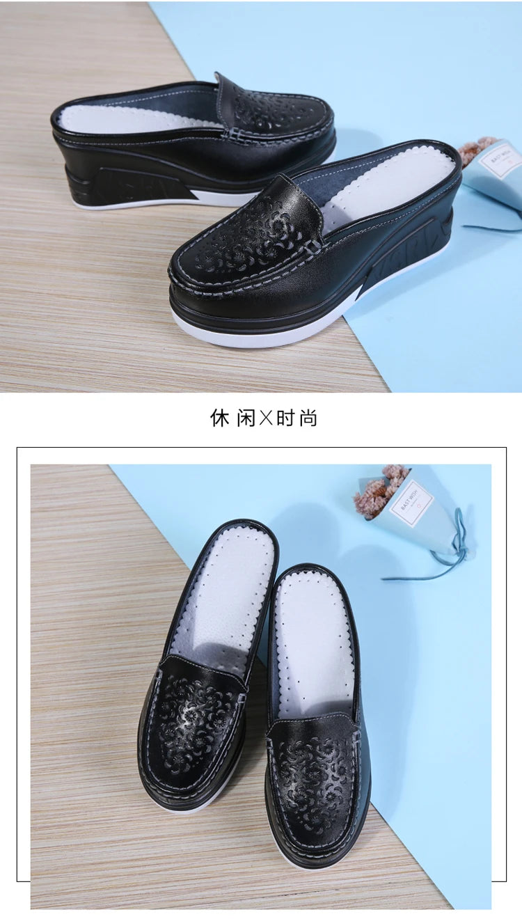 STRONGSHEN Women Slippers Casual Hollow Out Heel Wedge Thick Bottom Increase by 8cm Half Slippers Women's Non slip Fashion Shoes
