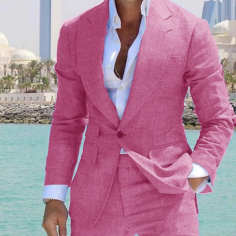 Men's Suit 2 Piece Set Linen Lapel Slim Fit Single Button Casual Comfortable Suit Formal Groom Best Man Dress Elegant and Stylis