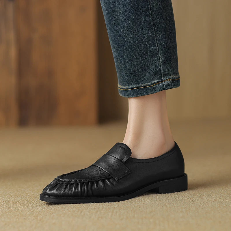 Women Shoes Spring Simple Shoes Soft Flats Slip On Girl Pleated Footwear Handmade Round Toe Genuine Leather Cozy Vintage Shoes
