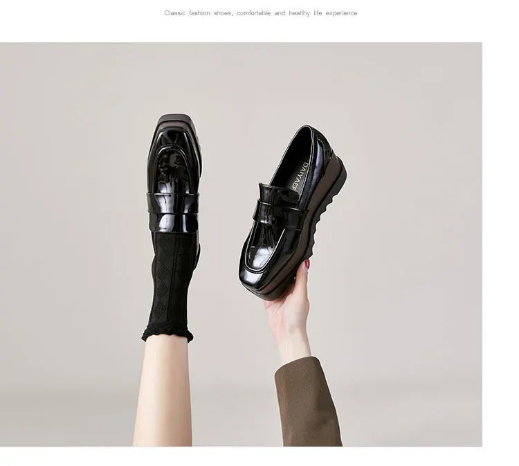 8cm Heeled Platform Wedges Shoes Womens High Heels Casual Lazy Shoes Square Toe Wedge Creepers Pumps Damen Black