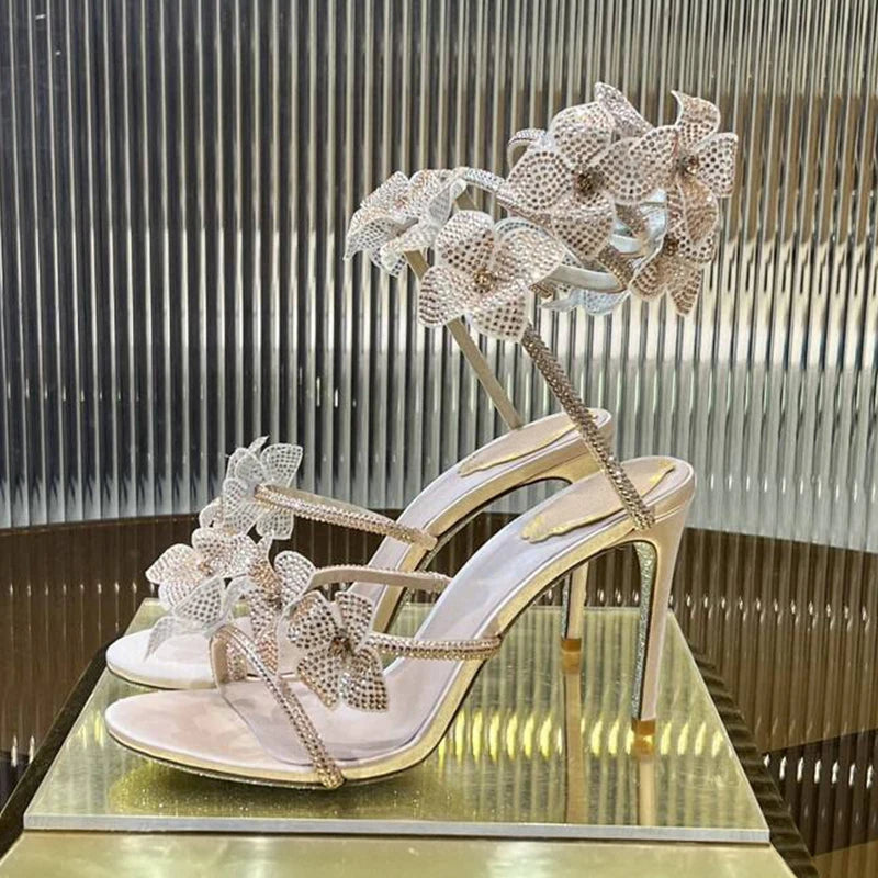 Sandalias Women Rhinestone Flower Decor Dress Shoes Snake Shaped Elastic Strap Thin High Heels Sandals Summer Bridesmaid Shoes