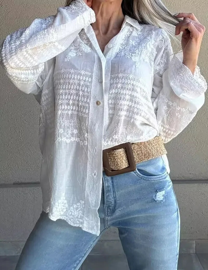 Women's Boho Embroidered Blouse Long Sleeve Button Down Shirt Casual Loose Fit Lace Trim White Cotton Top for Summer Vacation