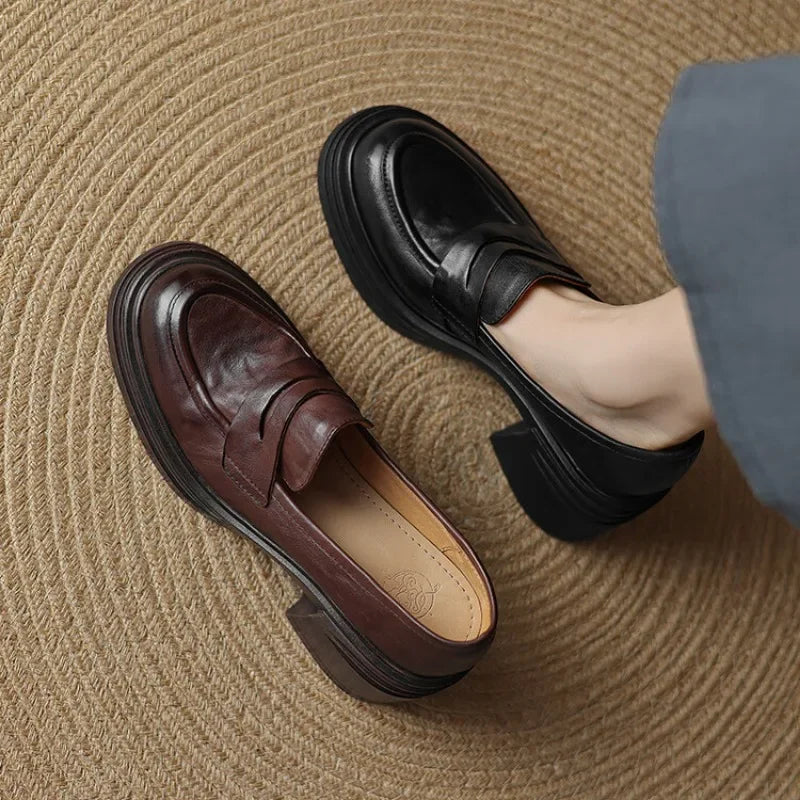 Women Chunky Heel Genuine Leather Wedge Shoes Woman Platform Pumps Female High Heel Zapatos Mujer Handmade thick sole Loafers