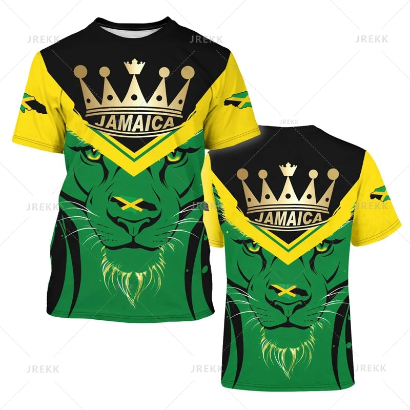 Jamaica Flag Graphic T-Shirt Men's Lion 3d Printed Crewneck Short Sleeve Casual Sports Tops Tees Summer Oversized T Shirts