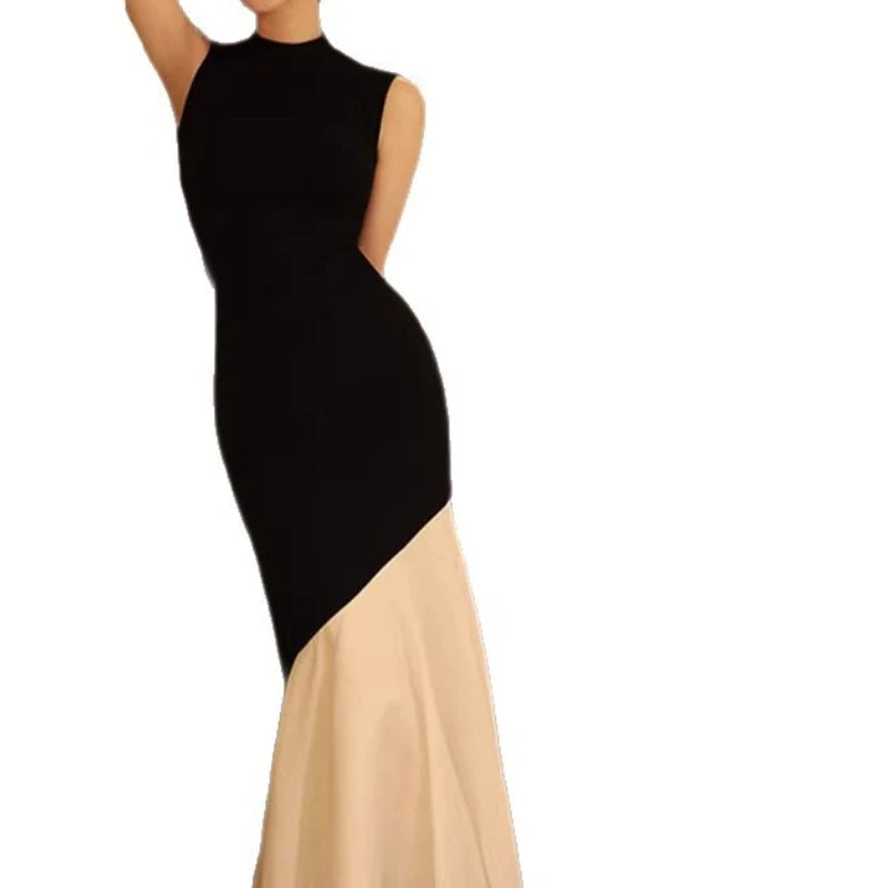 New French-style black dress for women, sleeveless, fitted with stitch detailing, elegant fishtail knitted long dress