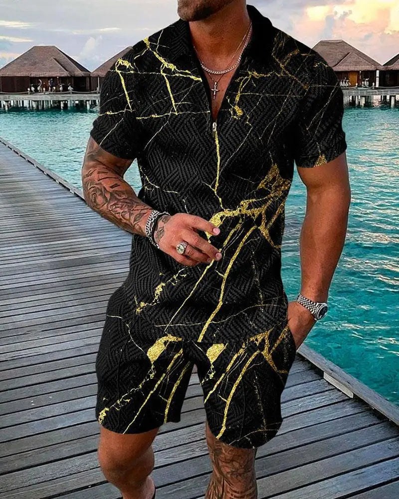 Men's Polo Tracksuit Set Summer Fashion Men Short Sleeve Zipper Polo Shirt&Shorts Set for Men Casual Streetwear 2 Piece Suit