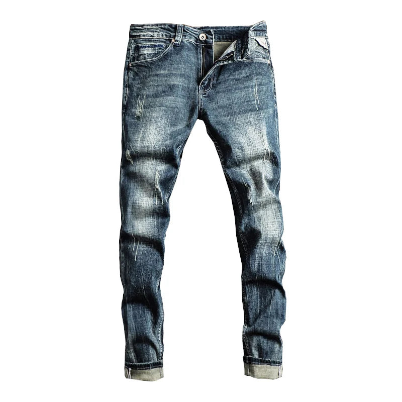 Italian Style Fashion Men Jeans Retro Blue Elastic Slim Fit Ripped Jeans Men Trousers Vintage Designer Casual Denim Pants Hombre