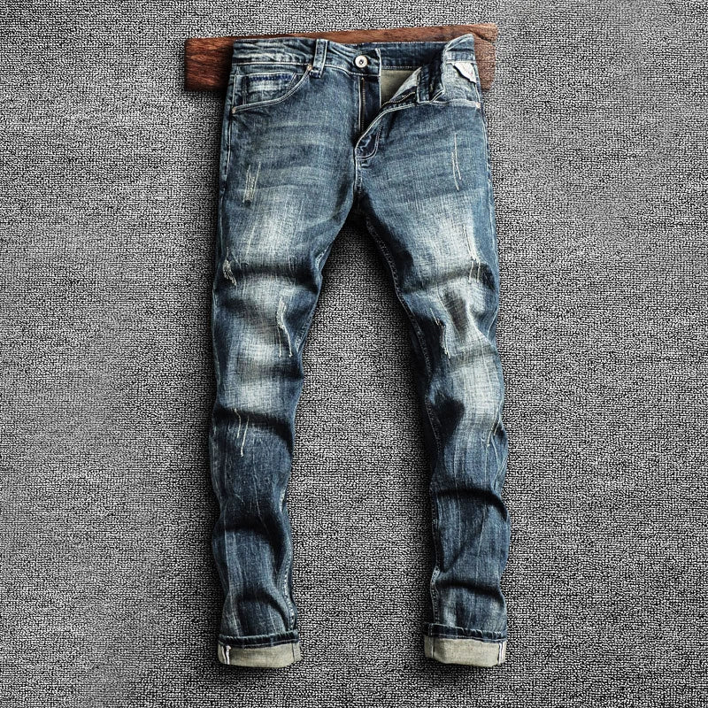 Italian Style Fashion Men Jeans Retro Blue Elastic Slim Fit Ripped Jeans Men Trousers Vintage Designer Casual Denim Pants Hombre