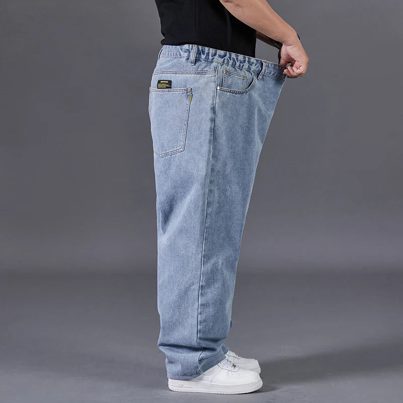 Autumn Thin Denim Jeans Men Plus Size Loose Straight Leg Sport Pants Fat Guy Elastic Long Trendy Trousers Black Grey Blue Jeans