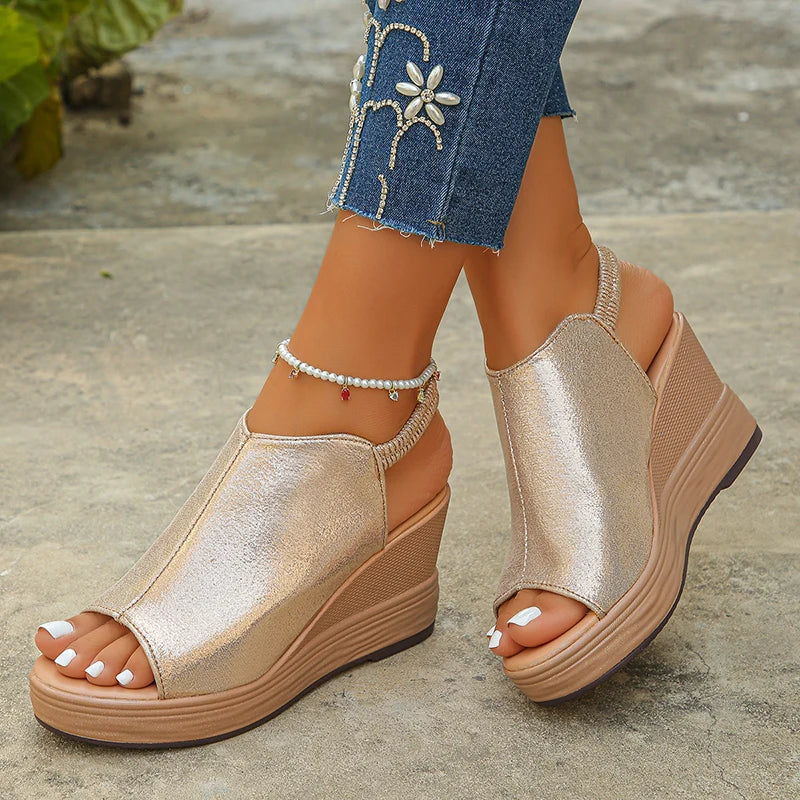 Gold Platform Wedge Sandals for Women Open Toe Thick Sole Summer Beach Shoes Woman Fashion Elastic Ankle Strap High Heel Sandals