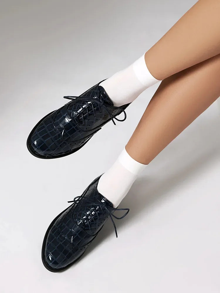 Women Shoes Spring New Fashion Round Toe Lace Up Retro Single Shoe for Office Party Walk Thick Low Heeled Big Size 48 775-1