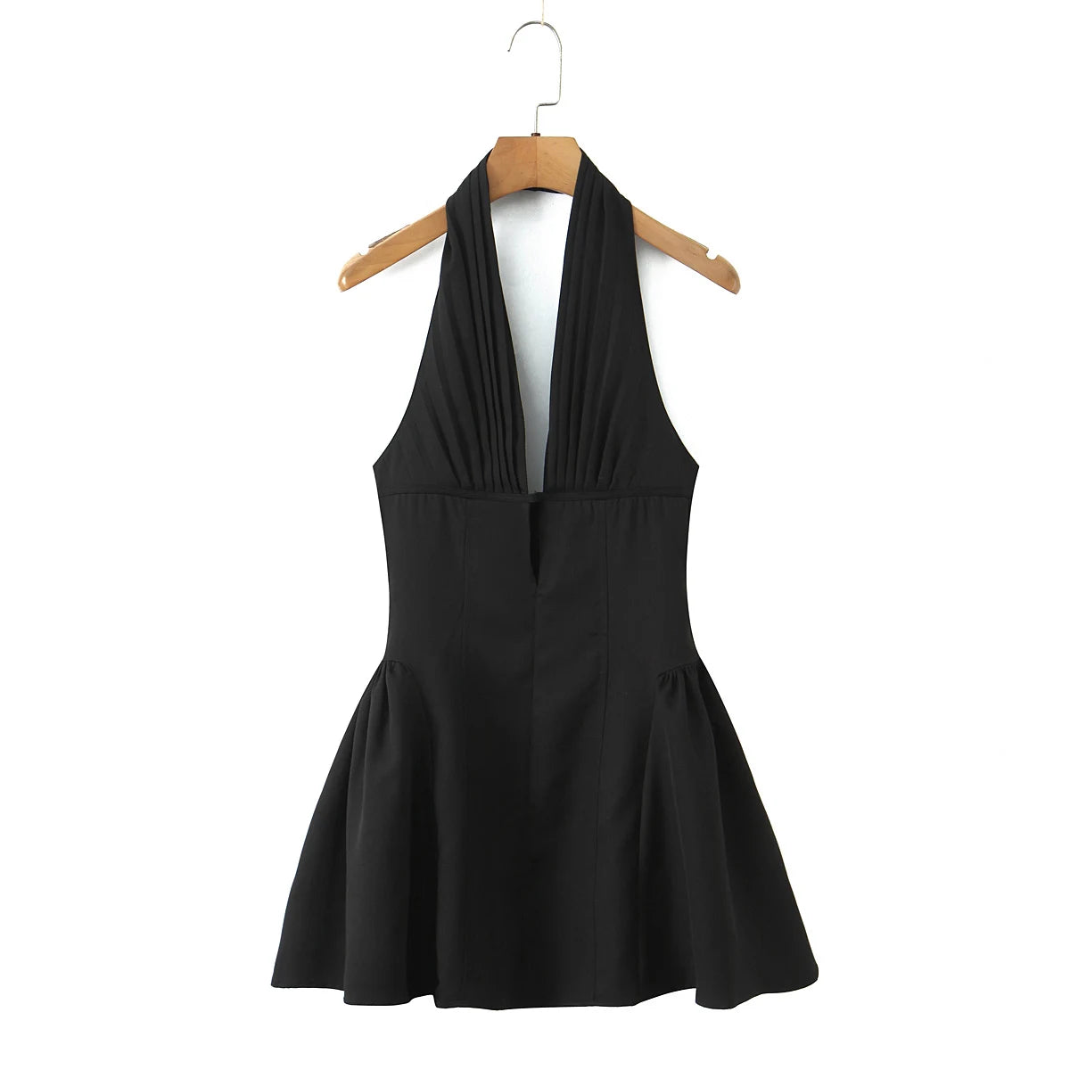 Sexy White Black Pleated Ruched Halter Dress Women Deep V neck Slim Low Waist Swing Ball Gown Short Dresses Robe Femme Vestidos