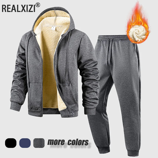 Men's Suit Two-Piece Tracksuit Plush Thickened Warm Sports Jacket+Trousers Sports Suit Winter Outdoor Casual Hoodie Sportswear