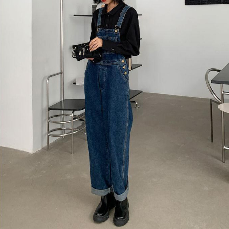 Jumpsuits Women Dark Blue Vintage Streetwear Harajuku Casual Fashion High Waist Loose Overalls Ulzzang Denim Suspenders Trousers