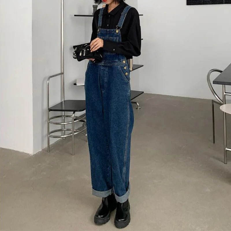 Jumpsuits Women Dark Blue Vintage Streetwear Harajuku Casual Fashion High Waist Loose Overalls Ulzzang Denim Suspenders Trousers