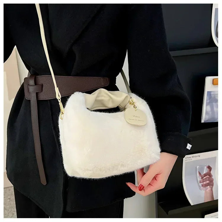 Women Faux Fur Plush Handbags Ruched Handle Small Lady Shoulder Crossbody Bag Casual Tote Half-Moon Hobos Winter Bags for Women