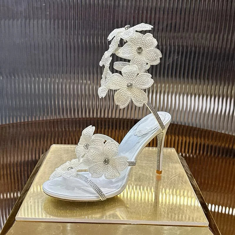 Sandalias Women Rhinestone Flower Decor Dress Shoes Snake Shaped Elastic Strap Thin High Heels Sandals Summer Bridesmaid Shoes