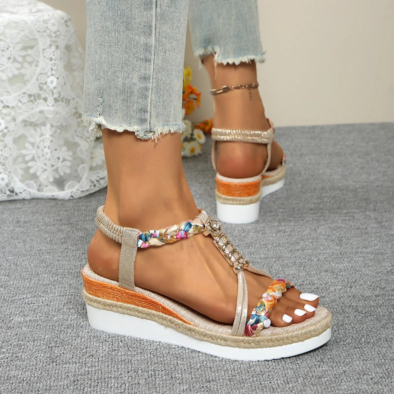 Women Wedge Sandals Summer 2024 Braided Band Platform Gladiator Sandals Woman Thick Bottom Beach Shoes Women Sandalias De Mujer