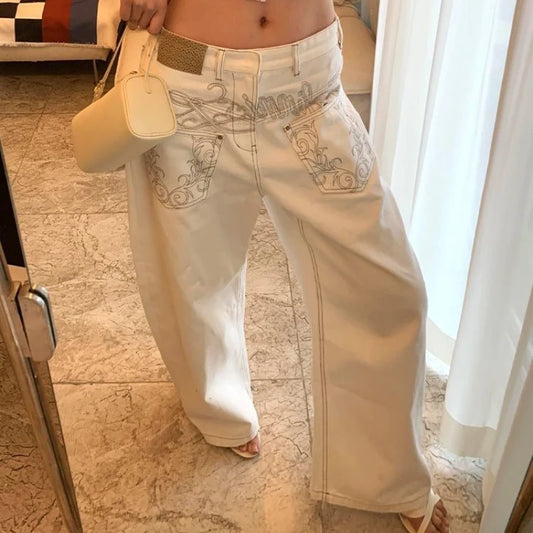 American Vintage Printed Jeans for Women, Summer Hot Girl Patchwork Versatile Floor-Length Curved Pants.