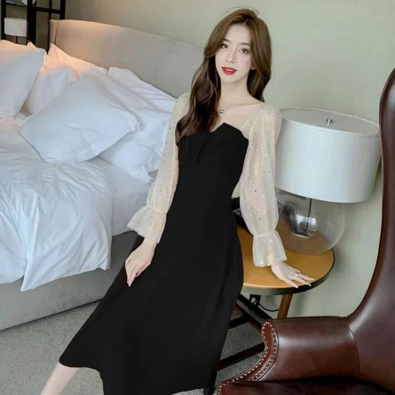 Red Dresses For Women Party Korean Style Elegant Luxury Elastic On Sales Full High Quality Prom Evening Woman Long Sleeve Dress