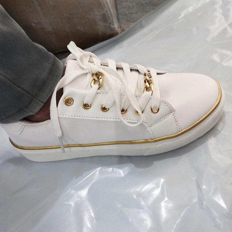 Women's Sneakers 2023 New Fashion Chain Leather Comfortable Round Toe Platform Sneakers Lace-up Walking Women's Vulcanized Shoes