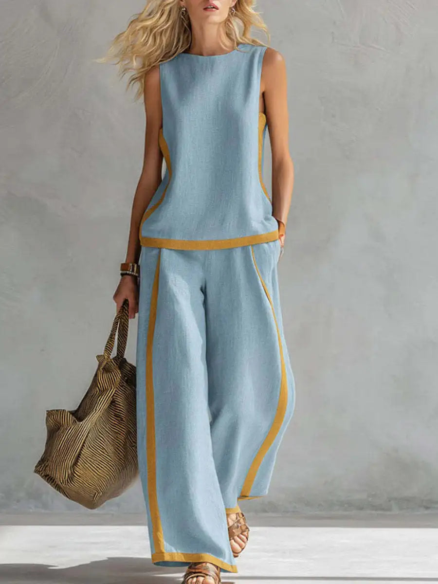 Summer New Women's Tracksuit Suit O-neck Sleeveless Vest Wide-leg Loose Pants Set Female Casual Elegant Ladies Two Piece Sets