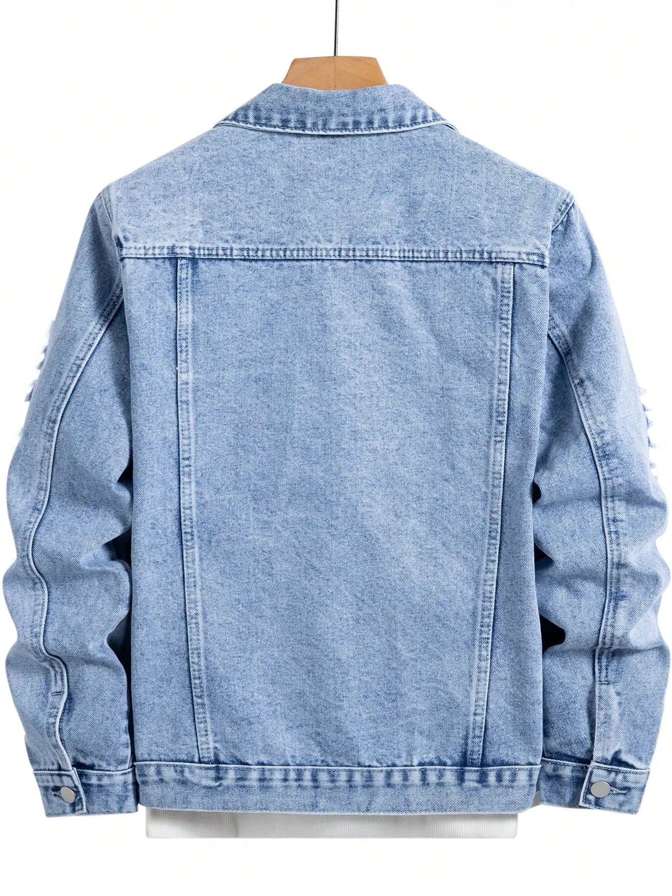Men's denim jacket for spring and autumn. Blue ripped coat. Street fashion. Vintage - worn style. Daily casual.