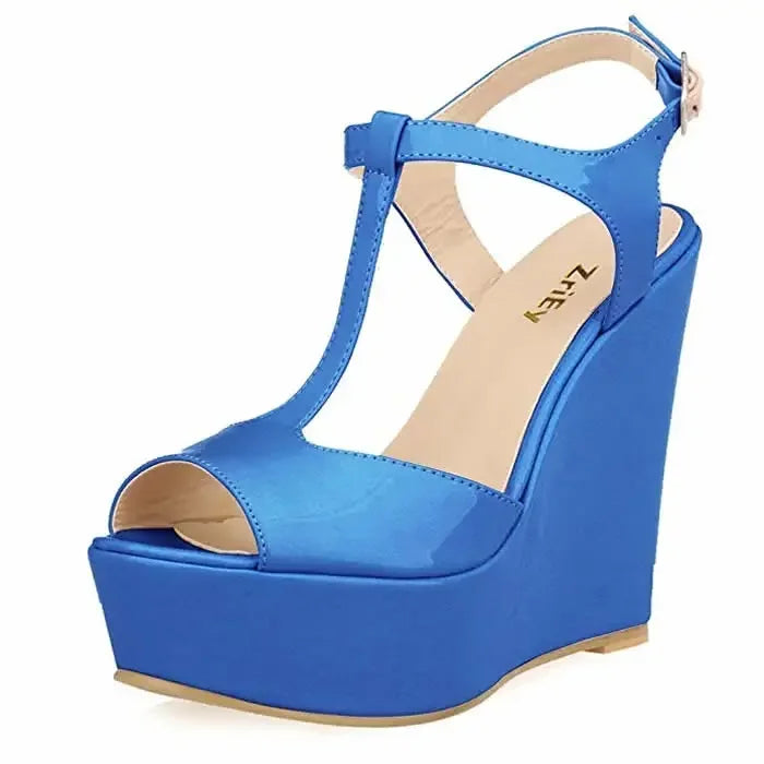 Women Wedge Sandals 2026 New Summer 14cm Open Toe Sexy Ankle Strap High Heels Patent Leather Platform Pumps Party Wedding Shoes