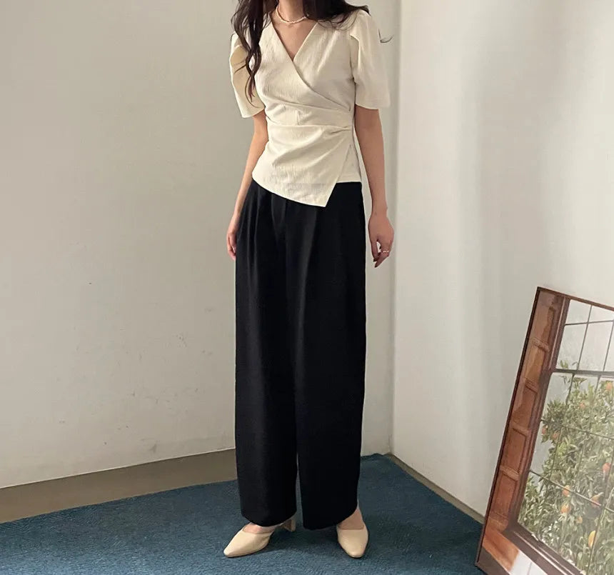 Women Blouse 2026 Spring Summer Solid Tucked V Neck Slim Blouse Elegant Short Sleeve Asymmetrical Top For Women Hot Sale