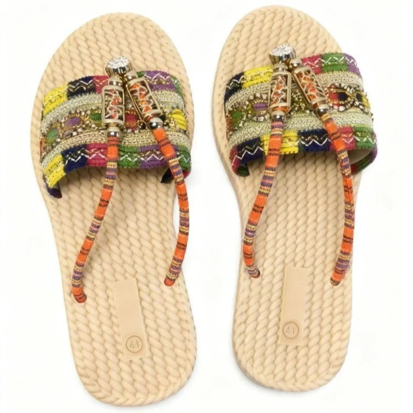 2025 Women Slippers Outdoor Handwoven Shoes Women Large Size Bohemian Ethnic Flat Sandals Fashion Beach Slippers Slides Women