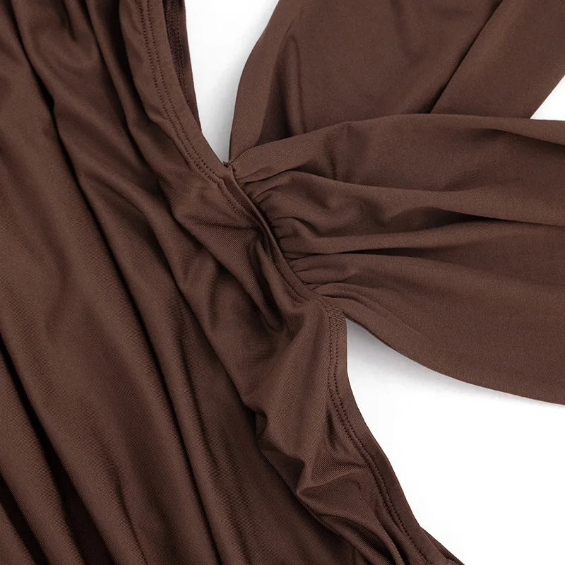 Women Fashion Sexy Bodycon Maxi Dress Deep V Neck Halter Backless Sleeveless Ruched Slim Party Long Robe Evening Gown Clubwear