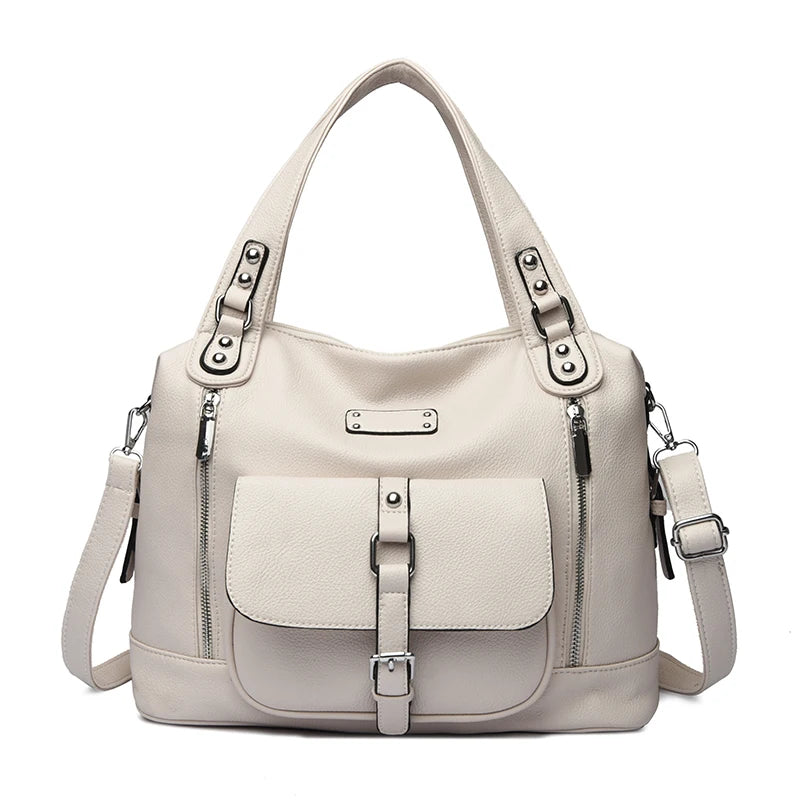 Women's Casual Tote Soft Leather Handbag Luxury Designer Shoulder Crossbody Hand Bag Ladies Shopping Sac Front Double Zipper