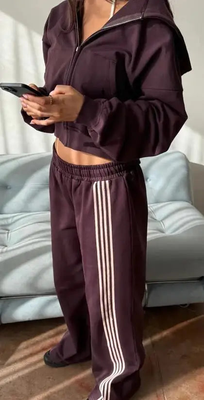 Womens Hooded Tracksuit Set with Zipper Side Striped Pants Activewear Casual Sportwear Outfit for Daily Life Gym and Leisure