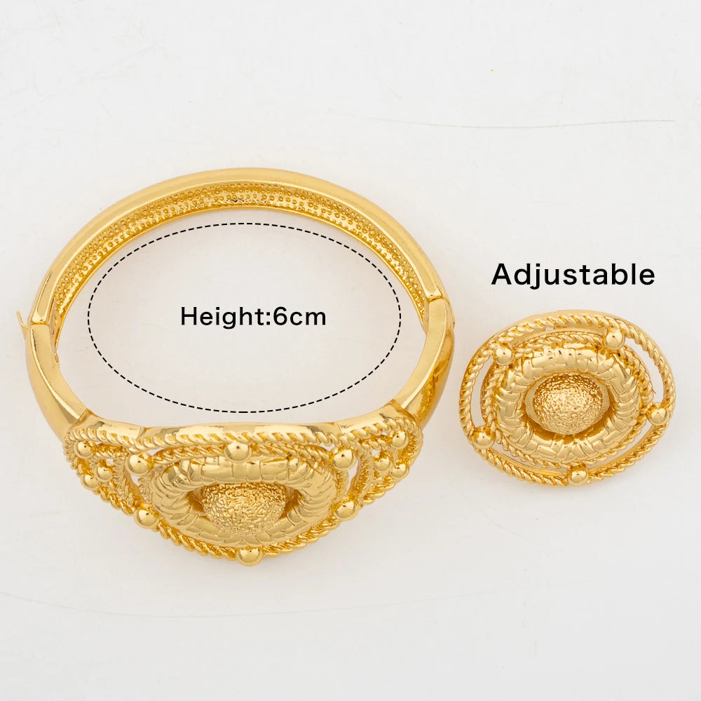 4Set Luxury Bangle Ring For Women Dubai Gold Color Bracelet France Jewelry Set Arabic African Adjustable Ring Party Wedding Gift